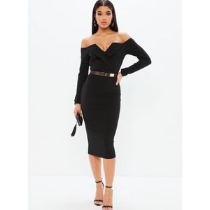 Missguided Black Bardot Foldover Wrap Midi Dress